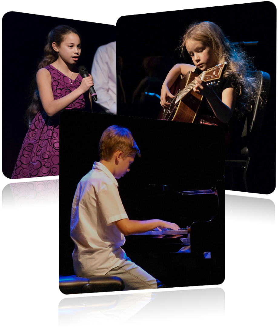 Collage of photos representing children playing piano, guitar and singing on stage